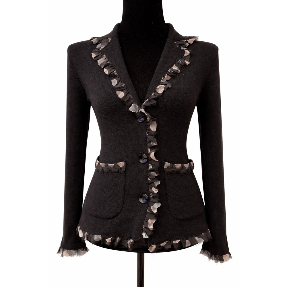 Bibelot Womens Shawl Collar Cardigan Sweater Small Black Polka Dot Trim Cashmere